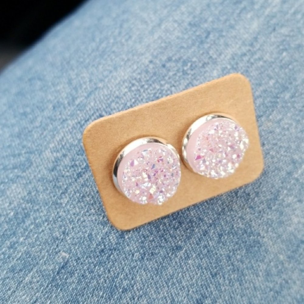 Round iridescent drusy silver stud earrings